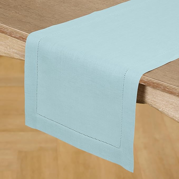 Solino Home Linen Aqua Blue Table Runner 144 Inches Long - 100% Pure Linen Extra Long Table Runner 14 x 144 Inch for Spring, Easter - Classic Hemstitch