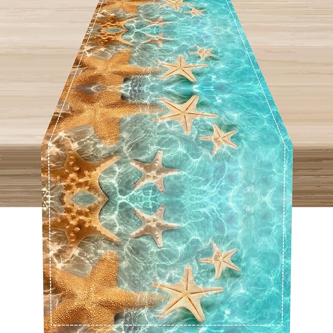 Summer Ocean Table Runner, Nautical Coastal Starfish Beach Seashell Ocean Seasonal Coffee Table Center Decor for Home Kitchen Dining Patio Holiday Party Table Decorations 13"x108"