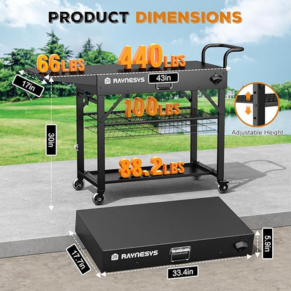 Outdoor Grill Cart, 440lbs Outdoor Grill Table, 31x17 inch Blackstone Griddle Stand, Portable Folding Cart with Wheels, 2-Tier Storage Rack & Side Storage Box (Black)