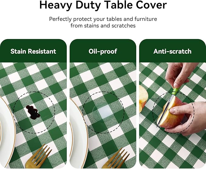 Romanstile Rectangle Vinyl Tablecloth, 100% Waterproof Buffalo Gingham Plastic Table Cloth, Heavy Duty Wipeable Checkered Table Covers for Outdoor, Camping, Picnic, Patio - 54 x 120, Green and White