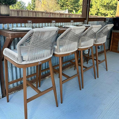 PURPLE LEAF 5 Pieces Round Dining Set Patio Aluminum Modern Round Table and Wicker Chairs with Cushions for Kitchen Porch Garden Outdoor Furniture Set with Counter Stools