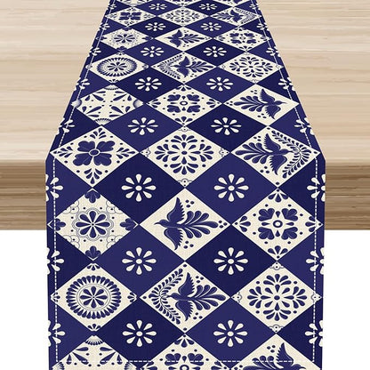 Floral Birds Mexican Table Runner, Blue Mexico Talavera Ceramic Tiles Cinco De Mayo Azulejo Coffee Table Center Decor for Family Kitchen and Dining Patio Indoor Outdoor Table Decorations, 13" X 72"