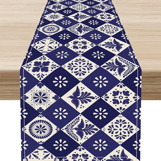 Floral Birds Mexican Table Runner, Blue Mexico Talavera Ceramic Tiles Cinco De Mayo Azulejo Coffee Table Center Decor for Family Kitchen and Dining Patio Indoor Outdoor Table Decorations, 13" X 90"