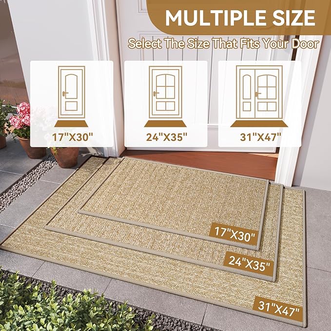 Front Door Mat 17"x30", Heavy Duty Waterproof Dirt Trapping Non-Slip Doormats, Low Profile Entrance Mats for Front Indoor/Outdoor, Brown