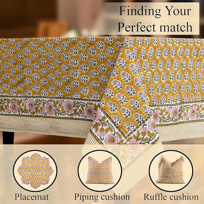 CPC Tablecloth 100% Cotton 60x90 Inch Indian Block Print Rectangle Table Cover, Washable Table Cloth for Weddings, Spring/Summer, Barbeque -Yellow Citrine