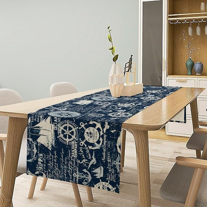 Marine Ship Table Runner, Nautical Pattern Seasonal Farmhouse Sea Rustic Kitchen Dining Table Decoration for Holiday Home Party Festival 13x108in