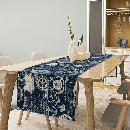 Marine Ship Table Runner, Nautical Pattern Seasonal Farmhouse Sea Rustic Kitchen Dining Table Decoration for Holiday Home Party Festival 13x108in