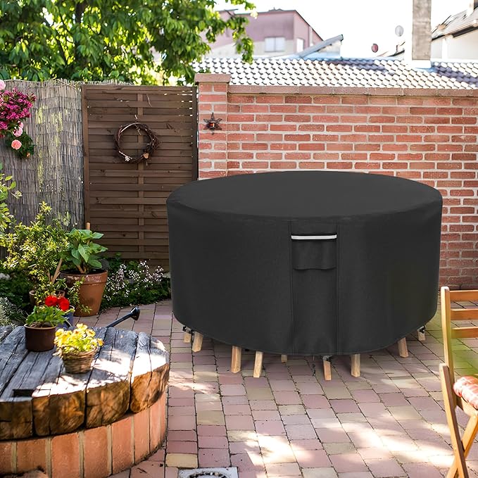 Round Patio Furniture Covers, 500D Heavy Duty Waterproof UV Resistant Cover for Round Outdoor Dining Table & Chairs,72" Dia x 28" H -Black