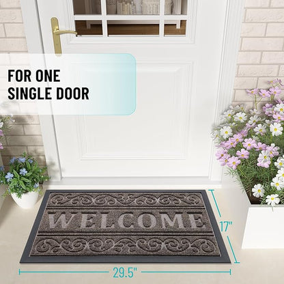 OLANLY Welcome Door Mat Indoor Outdoor Entrance, Heavy Duty Sturdy Front Door Mat, Waterproof All-Weather Doormat, Stain Resistant, Low Profile, Easy Clean Patio Entryway Mat, 29.5 x 17, Medium Brown