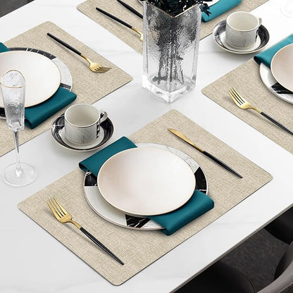 Faux Leather Heat Resistant Placemats Set of 6 – Waterproof Oilproof Wipeable Dining PU Vinyl Place Mat Easy Clean Table Mats for Kitchen/Dining/Party/Holiday, Beige
