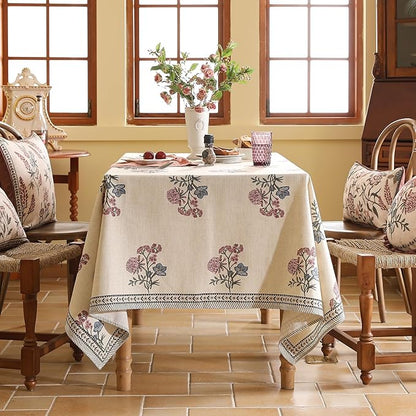 ISAENNE Designer Linen Light Beige Rectangular Tablecloth,French Colorful Floral Table Cloth,Stain Resistant Decor Tablecloths for Dining Thanksgiving Christmas Kitchen,55"*79"-Helena E