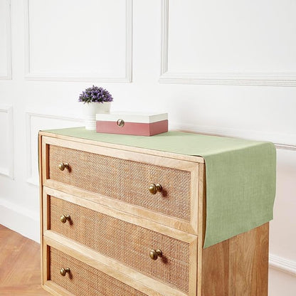 Solino Home Linen Small Table Runner 48 Inches - Athena, 100% Pure Linen Chambray Olive Table Runner 14 x 48 Inch Ideal for Dresser and Coffee Tables - Spring, St Patricks Day