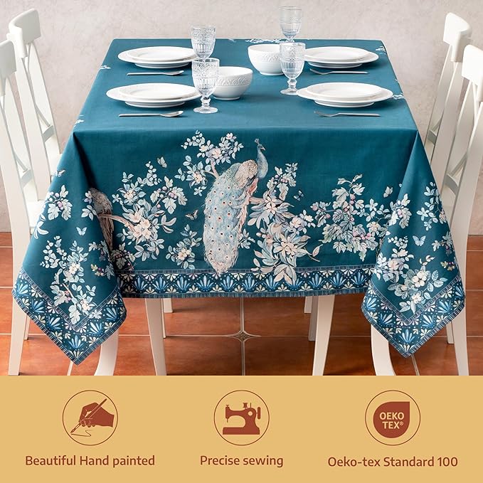 Maison d' Hermine Premium Table Cloth Rectangle Table 100% Combed Cotton 90 x 70 Inches Tablecloth Reusable Decorative for Dining Room, Farmhouse, Party, Festive & Wedding - Peacock Utopia - Deep Sea