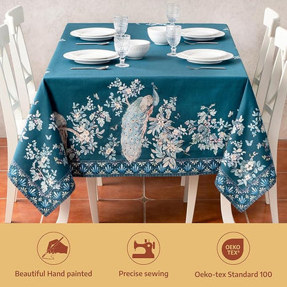 Maison d' Hermine Premium Table Cloth Rectangle Table 100% Combed Cotton 90 x 70 Inches Tablecloth Reusable Decorative for Dining Room, Farmhouse, Party, Festive & Wedding - Peacock Utopia - Deep Sea