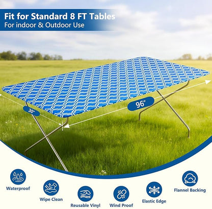 Rectangle Picnic Table Cloth, Elastic Waterproof Fitted Vinyl Tablecloths for 8 Foot Tables, Wipeable Flannel Backed Table Covers for Dining, Camping, Outdoor(Blue,30"x96")