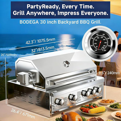 BODEGA Stainless Steel Outdoor Kitchen Propane Gas Grill and Outdoor Kitchen Cabinets for BBQ with 2 Drawers and Propane Tank Storage,Thermometer & Rotisserie Chicken Fork Kit, Seaside BBQ, Camping.