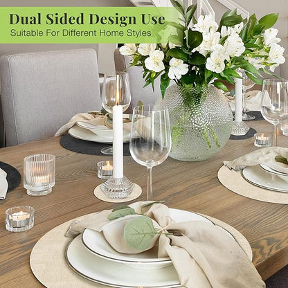 13-Inch Faux Leather Round Placemats Set of 8, Waterproof Anti-Slip Dual Sided Place mats, Heat Resistant Washable Table Mats with Coaster, Suitable for Indoor & Outdoor (8, Black Beige)