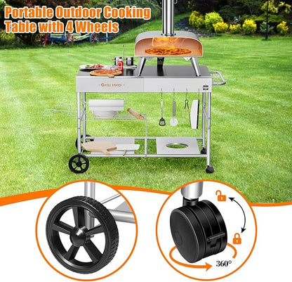 Outdoor Pizza Oven Table for Ninja Woodfire, Blackstone Tabletop Grill, Portable Grill Cart & Food Prep Work Table, Movable Pizza Oven Cart for Backyard BBQ and Patio Parties