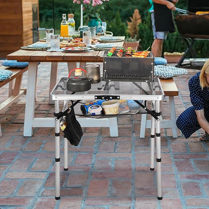 RedSwing Folding Grill Table, Lightweight Height Adjustable Aluminum Table with Mesh Desktop and Mesh Bag for Outdoor Camping Picnic BBQ, 2 Feet, Sliver