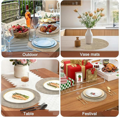 Round Faux Leather Placemats and Coasters, Set of 8, Reversible Heat Resistant Non-Slip Table Mats, Waterproof Wipeable Place Mats for Dining Table, Washable for Indoor & Outdoor (8, Light Brown)