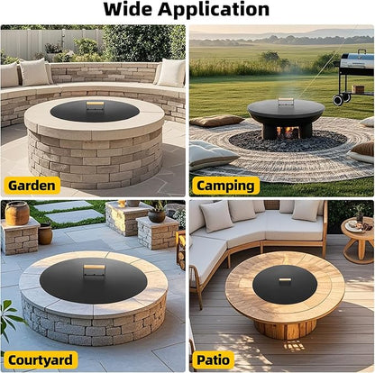 G GOOD GAIN Firepit Lid Round 28 Inch - Rust Resistant Fire Pit Lid Cover with Wooden Handle & Gloves, Fire Pit Snuffer Lid for Courtyards, Patio, Winter Cold Protection.