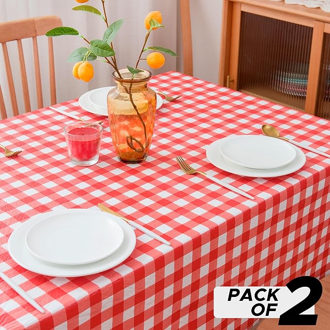 Nasitos 2 Pack Plastic Table Cloth 60x120 Inch-Red and White Rectangle Tablecloth Checkered, Washable Wipeable Plaid Vinyl Tablecloth with Flannel Backing for Picnic Party, Camping, Dinner