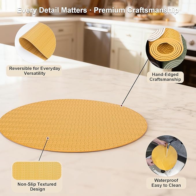 Round Faux Leather Placemats Set of 4 – 13 Inch Vinyl Table Mats, Heat Resistant, Non Slip, Wipeable & Washable, Easy to Clean Dining Table Decor for Kitchen & Dining Room – Golden Yellow