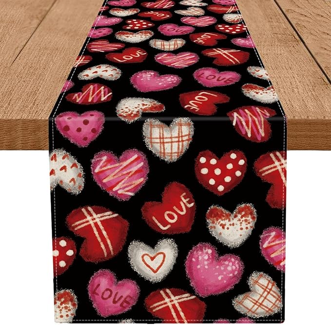 Valentines Day Decorations Table Runner Love Hearts Black Kitchen Dining Table Decor Holiday Anniversary Indoor Outdoor Party Suppies 120×13 Inch