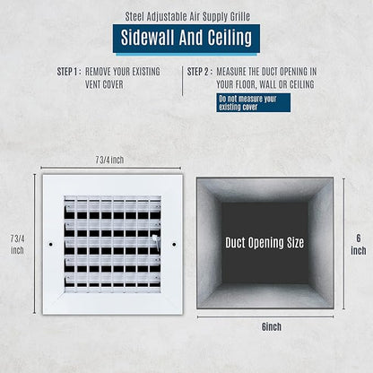 [2 Pack] Fits 6x6 Duct Opening Steel Adjustable Air Supply Grille by Handua | Register Vent Cover Grill for Sidewall and Ceiling | White | Outer Size: 7.75" X 7.75"