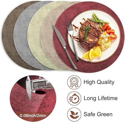 Round Faux Leather Placemats and Coasters, Set of 4, Reversible Heat Resistant Non-Slip Table Mats, Waterproof Wipeable Place Mats for Dining Table, Washable for Indoor & Outdoor (4, Red)