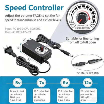 Martians BBQ Blower Fan - 97mm x 33mm - 12V with 110V – 240V AC Plug Variable Speed Controller for Outdoor Grilling, Camping Cooking Charcoal Starter – Efficient Fire Bellowing Tool