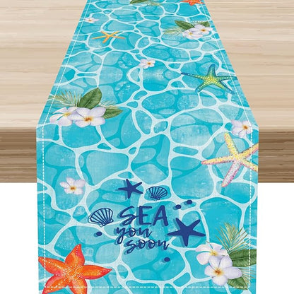 Summer Starfish Table Runner, Blue Sea Coastal Tropical Flower Beach Nautical Starfish Ocean Table Runner Seasonal Holiday Home Kitchen Dining Table for Home Party Decor 13"x72"