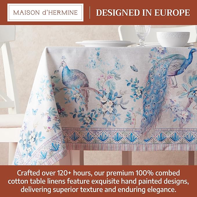 Maison d' Hermine Premium Table Cloth Rectangle Table 100% Combed Cotton 140 x 70 Inches Tablecloth Reusable Decorative for Dining Room, Farmhouse, Party, Festive & Wedding - Peacock Utopia - Orginal