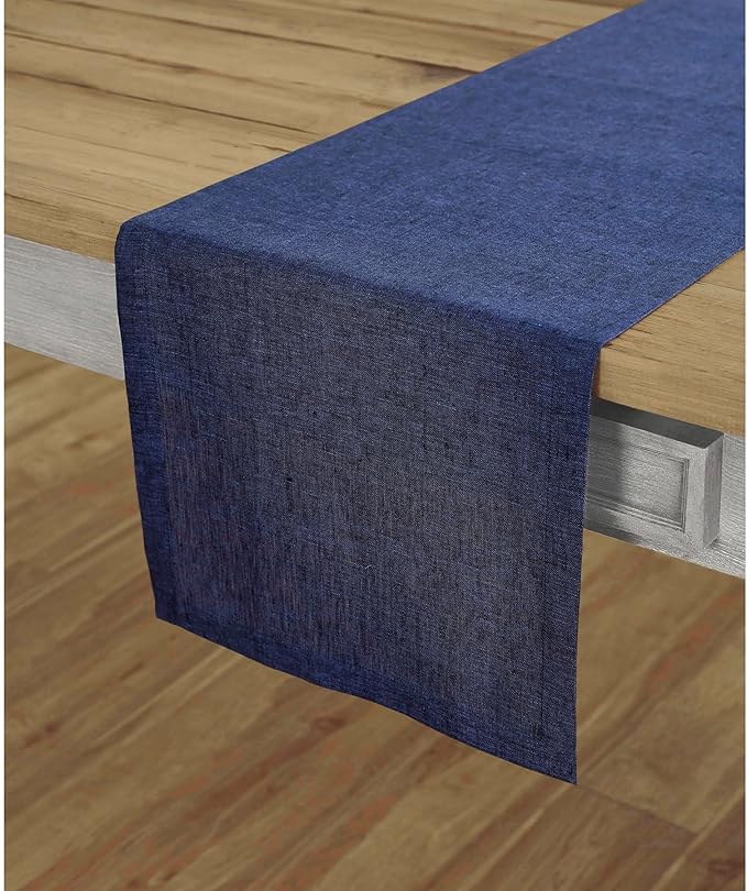 Solino Home Linen Table Runner 144 Inches Long - Athena, 100% Pure Linen Chambray Navy Dining Table Runner 14 x 144 Inch for Winter, Spring