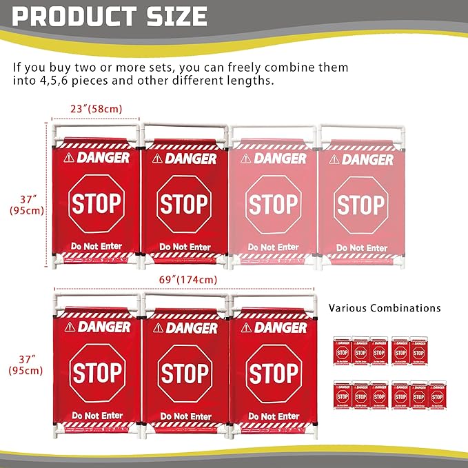 Safety Caution Barricade 3Panels Foldable Security Signs With PVC Tarp Removable Safety Barrier Wet Floor Guard Symbol Clear Printing Safety Fence(Red3)