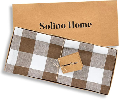 Solino Home Linen Table Runner 144 Inches Long - 100% Pure Linen Coco Brown and White Buffalo Check Extra Long Table Runner 14 x 144 Inch Ideal for Dining