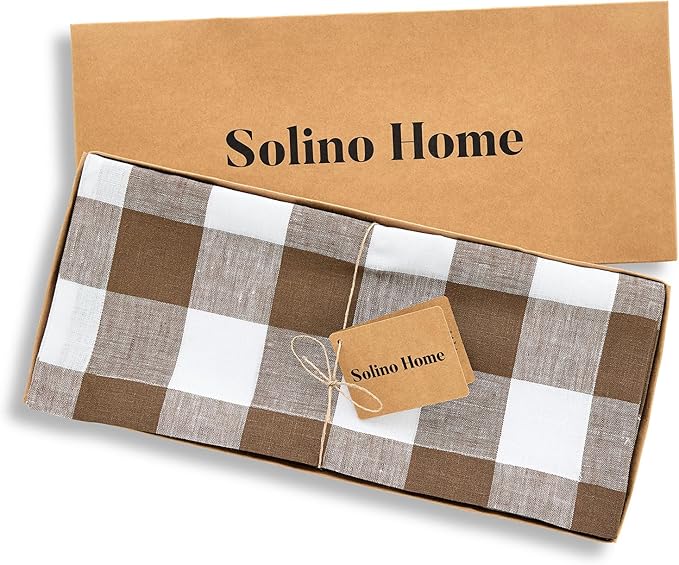 Solino Home Table Runner 120 Inches Long - 100% Pure Linen Buffalo Check Coco Brown and White Table Runner 14 x 120 Inch Ideal for Dining