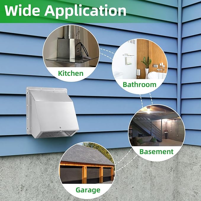 8 inch Wall Vent Ccover,Exhaust Vent Hooded Wall Vent with Screen and Damper,Outdoor Wall Exhaust Vent Cap Exterior Air Vent Cover for Kitchen Range Hood HVAC Duct Dryer Ventilation,Stainless Steel