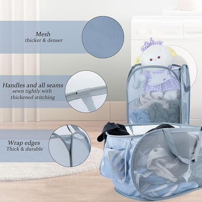 Extra Large Mesh Pop Up Laundry Hamper 2 Pack, 100L Foldable Laundry Baskets, Dirty Clothes Hamper with Pocket, Collapsible Hampers for Travel, Dorm or Home. Grey H+V
