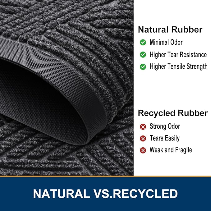 Smiry Front Door Mat Outside Entrance, Heavy Duty Sturdy Natural Rubber Doormat, Trap Dirt and Moisture, Easy Clean Low Profile Mats for Indoor Outdoor Entry, Interwoven Stripes (29.5x17, Grey)