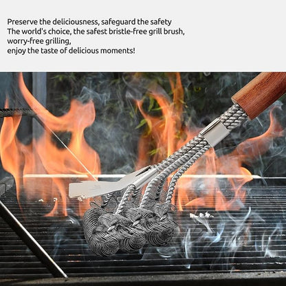 KULUNER BBQ Cleaning Brush - Bristle-Free, Suitable for All Types of barbecues, Wooden Handle, Multifunctional Brush and Scraper, Barbecue Accessory, Men's