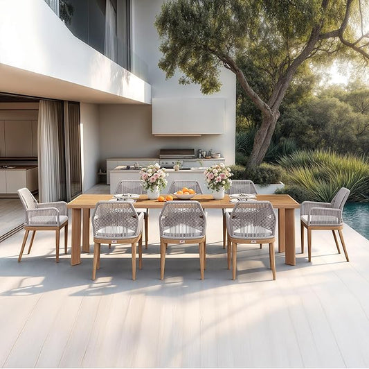 PURPLE LEAF 9 Pieces Patio Dining Set Aluminum Modern Rectangular Table and Rattan Arm Chairs with Cushions for Kitchen Porch Garden Outdoor Furniture Sets, Teak