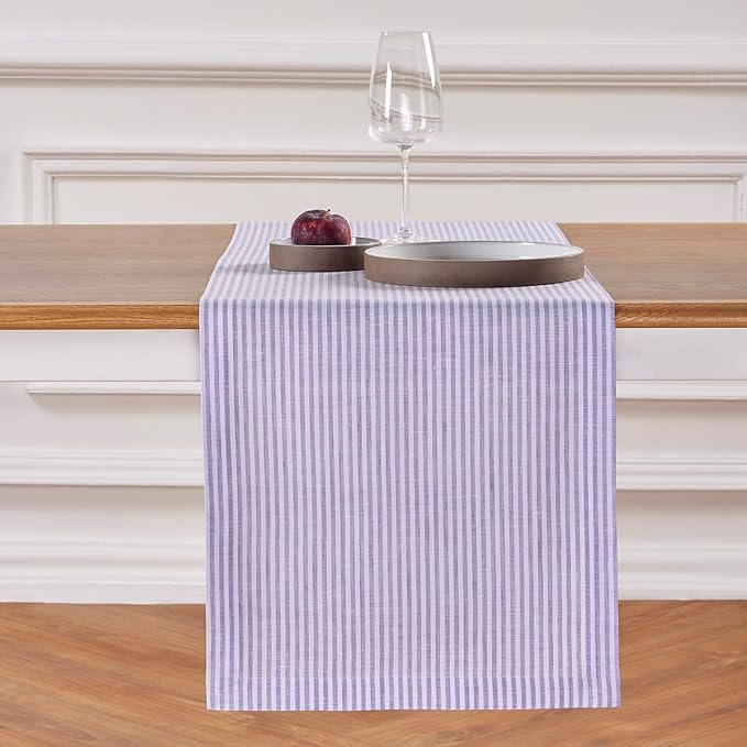 Solino Home Linen Table Runner 144 Inches Long - Narrow Stripe, 100% Pure Linen Lavender and White Table Runner 14 x 144 Inch for Dining, Valentines, Spring, Easter