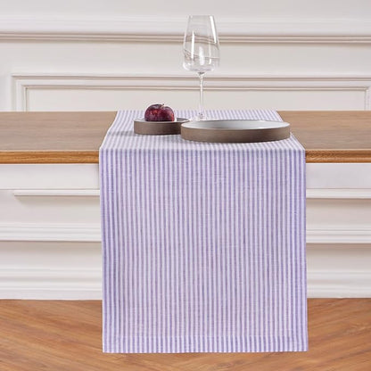 Solino Home Linen Table Runner 144 Inches Long - Narrow Stripe, 100% Pure Linen Lavender and White Table Runner 14 x 144 Inch for Dining, Valentines, Spring, Easter