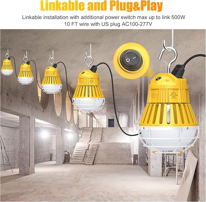 LED Temporary Work Light 60W, 7800LM 5000K Portable Hanging Construction Light with 10ft Cable Plug and Sturdy Hooks Linkable LED Work Light for Job Site Lighting, Workshop, Garage ETL Listed