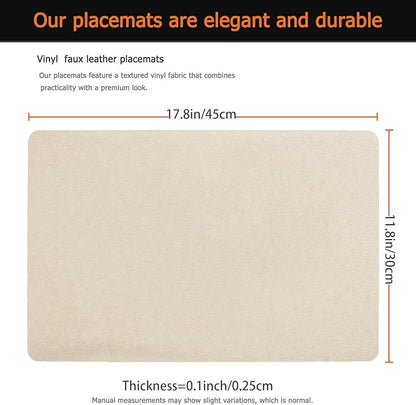 Vinyl Placemats Set of 4 Faux Leather 100% Waterproof Wipeable Washable Place Mats Heat Resistant Easy Clean Non-Slip Table Mats for Indoor Outdoor. (4,Beige)