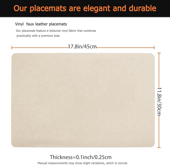 Vinyl Placemats Set of 6 Faux Leather 100% Waterproof Wipeable Washable Place Mats Heat Resistant Easy Clean Non-Slip Table Mats for Indoor Outdoor. (6,Beige)