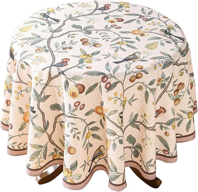 Linen 67 Inch Round Tablecloth,Wrinkle Resistant French Pink Tablecloth Print with Froal,Decor Stitch Table Cloth for Thanksgiving,Dining Room,Home,Kitchen Diameter 67"-Dewey A