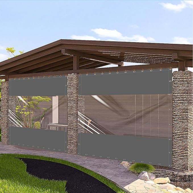 20 Oz Outdoor Vinyl Curtain, Outdoor Clear Panel Curtain, Weather Resistant Outdoor Curtain for Pergola, Porch, Gazebos, with Rustproof Grommets (8'H x 8'W, Dark Gray)
