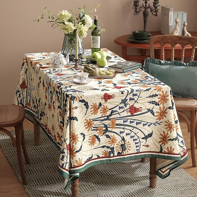 French Vintage Rectangular Tablecloth,Linen Tablecloth with Gold and Red Floral Pattern,Decorative Table Cover for Kitchen,Dining,Thanksgiving,Party,Farmhouse,55" × 79"-Tijuana
